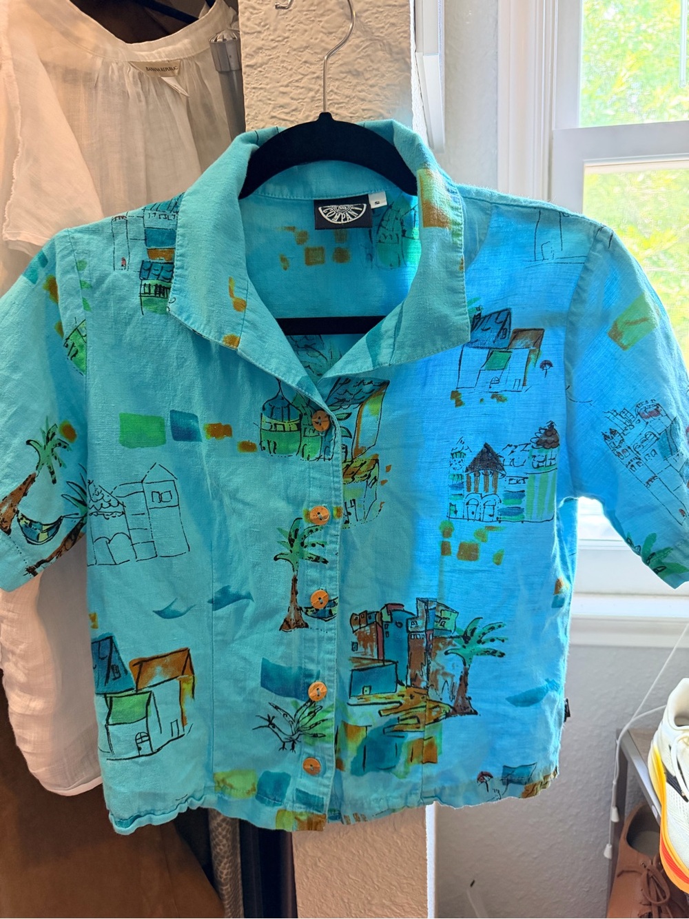 Vintage cropped Short-Sleeve Turquoise Button-Up linen blend shirt
